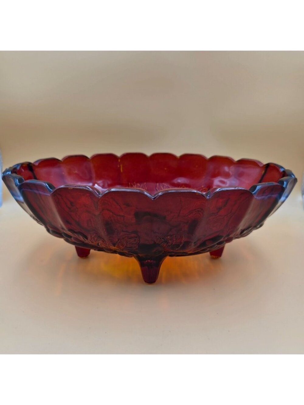 Indiana Glass Garland Harvest Fruit Ruby Red Footed Oval Centerpiece Bowl